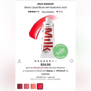 Milk Makeup Bionic Liquid Blush w/ Hyaluronic Acid in Fly (sheer ruby red), NIB